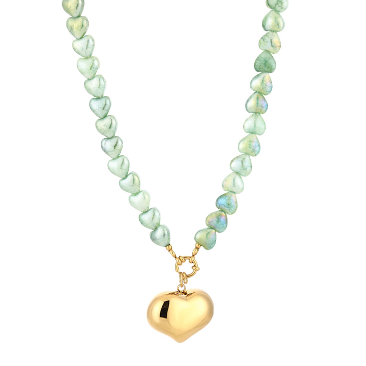 Heart Bead Heart Pendant Necklace – Kralen Ketting met Hart – RVS - Groen
