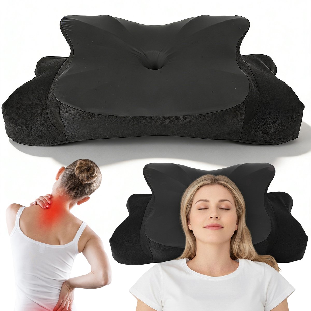 Ergonomisch Hoofdkussen - Traagschuim Neksteunkussen - Hol Ondersteuningsontwerp - Massagepunten voor de Nek - Verlengde Armsteunen - Afneembare Ademende IJzzijden Kussensloop - Voor Zijslapers, Rugslapers en Nachtelijke Nekondersteuning