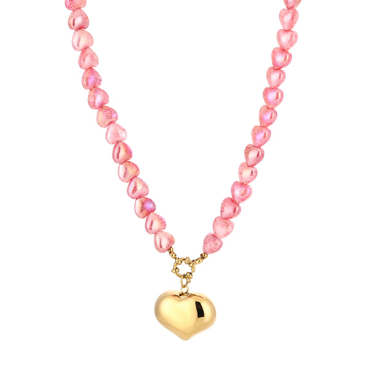 Heart Bead Heart Pendant Necklace – Kralen Ketting met Hart – RVS - Donker Roze