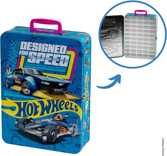 Blauwe metalen koffer met Hot Wheels logo en twee raceauto's. Koffer geopend met vakjes voor 50 auto's.