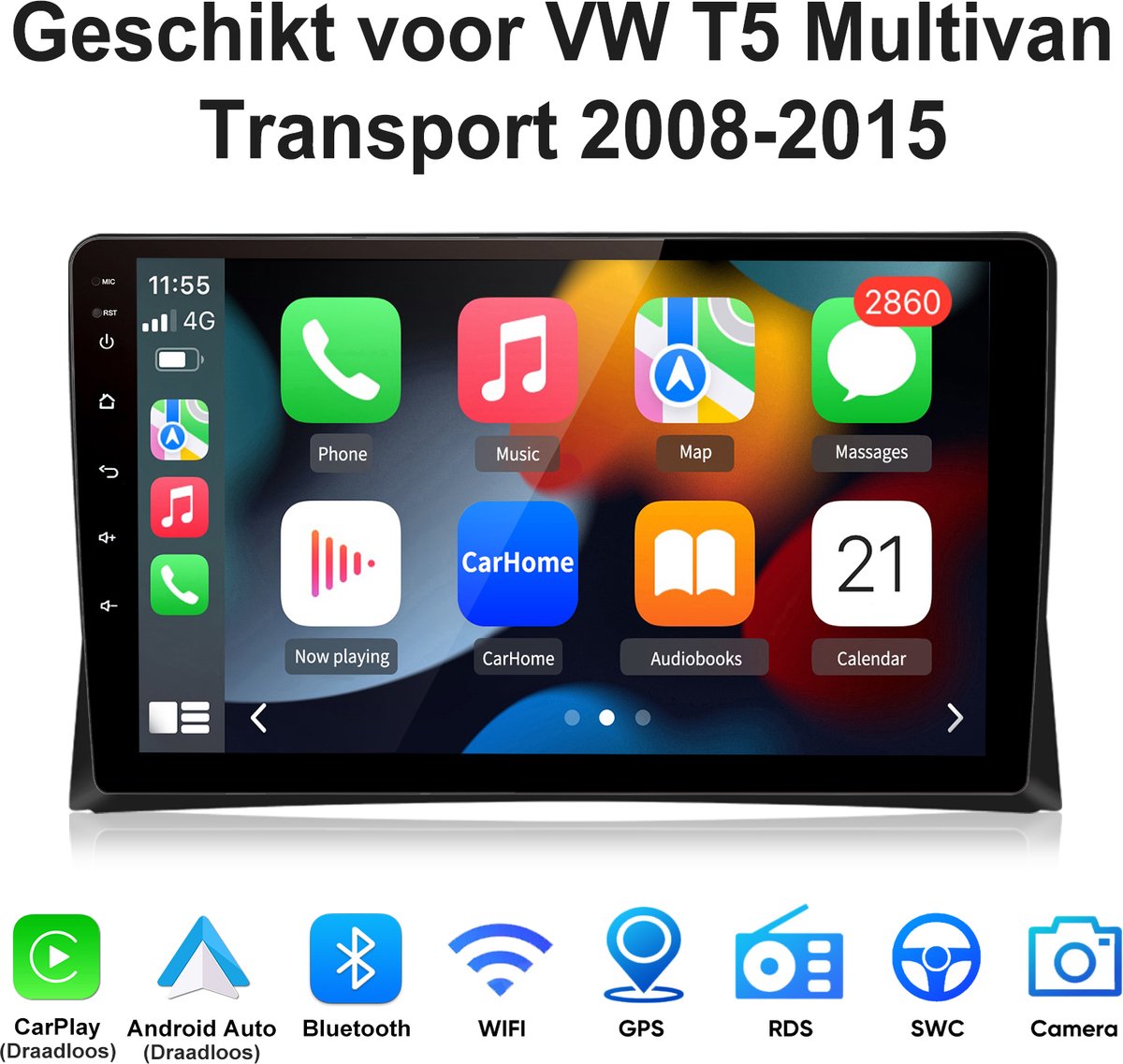 Junsun Android 15 Autoradio Geschikt voor VW T5 Multivan Transport - 1+32GB - Draadloze CarPlay & Android Auto - DAB+, GPS-Navigatie, Bluetooth, WiFi, RDS, USB, 10.1-inch Touchscreen, DSP, Quad-core processor