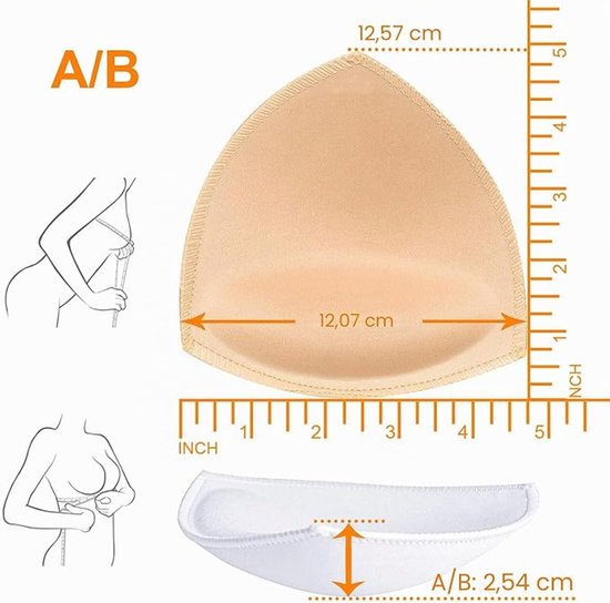 Een beige driehoekige bh-pad met afmetingen en een schematische weergave van het gebruik.