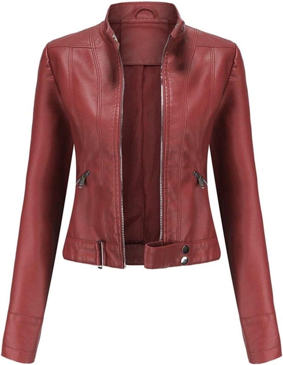 Stijlvolle jas van imitatieleer voor dames, met ritssluiting, korte PU-motorfietser, outwear getailleerde slanke jas