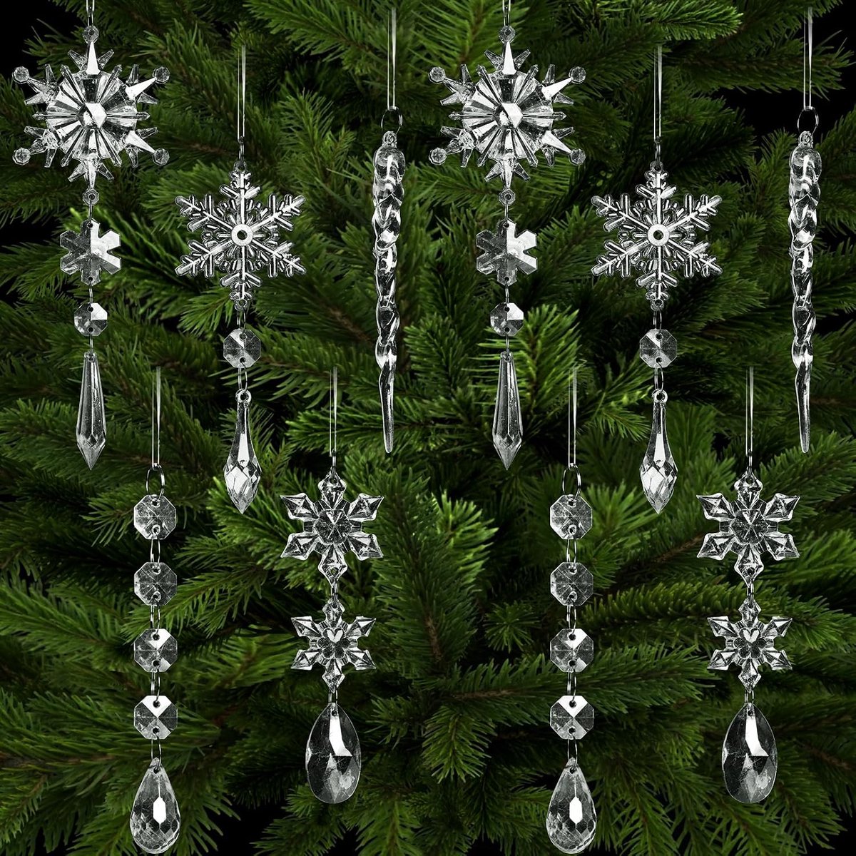 10 stuks kristallen kerstversieringen, sneeuwvlok ijspegel acryl kerstboomdecoraties met hangende ringen, geschikt voor Kerstmis, Nieuwjaar, winter, wonderland feesten (transparant)