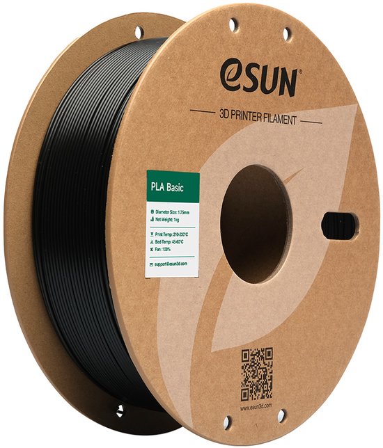 Zwarte eSun PLA Basic 1kg 3D printer filament op een kartonnen spoel. Diameter 1.75mm.