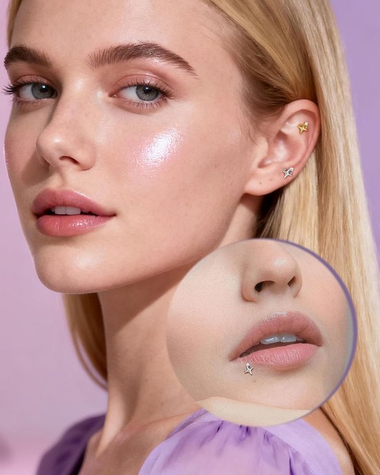 16G Star Labret Stud 316L chirurgisch staal platte achterkant oorbel CZ helix kraakbeen oorbel intern schroefdraad tragus piercing sieraden voor vrouwen mannen — afbeelding 2