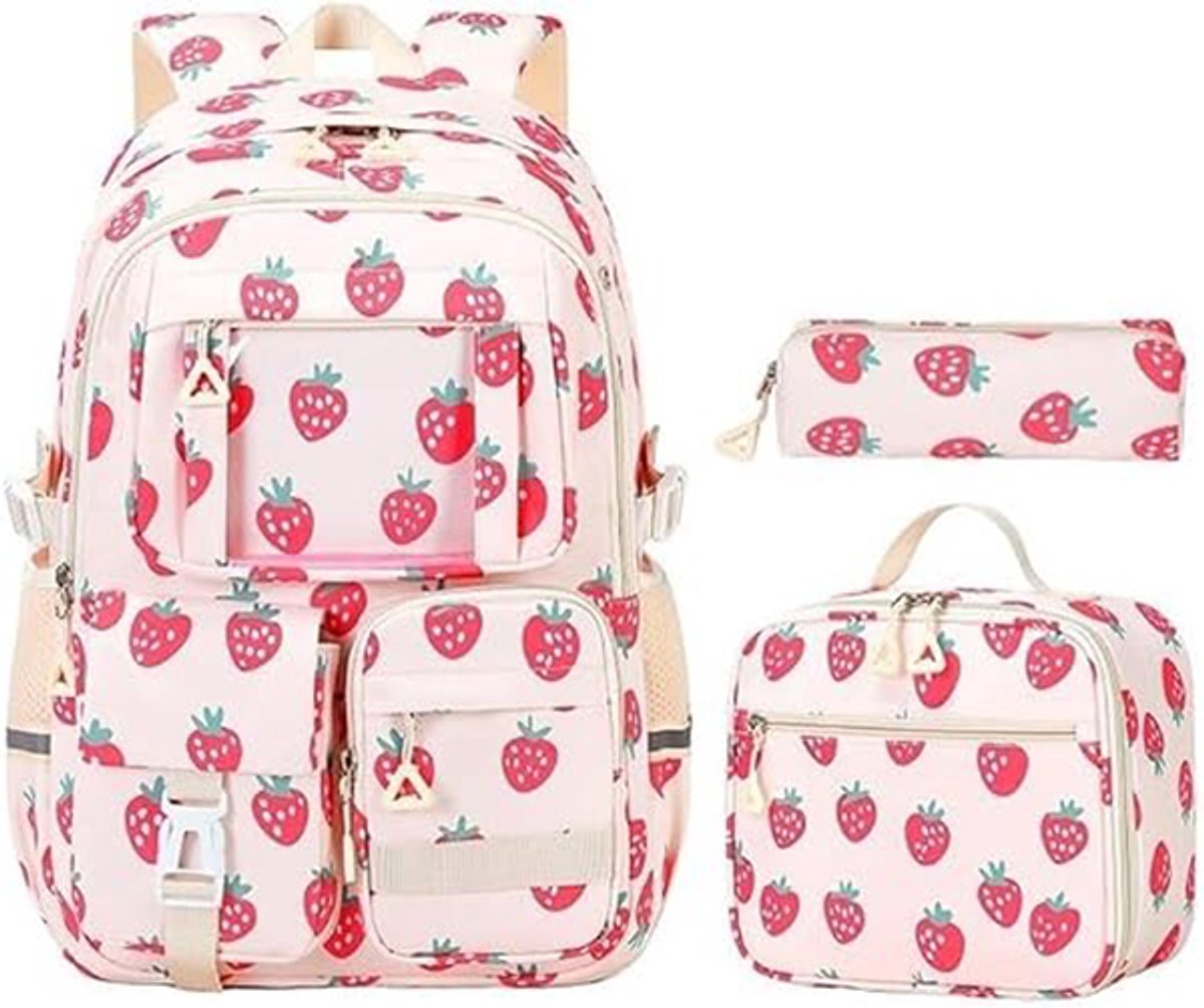 Reisrugzak - Schoolrugzak - Rugzakset - 3-in-1 - Waterdicht - Nylon - met Lunchbox en Pennenzak - voor School, Reizen en Laptop -Wit