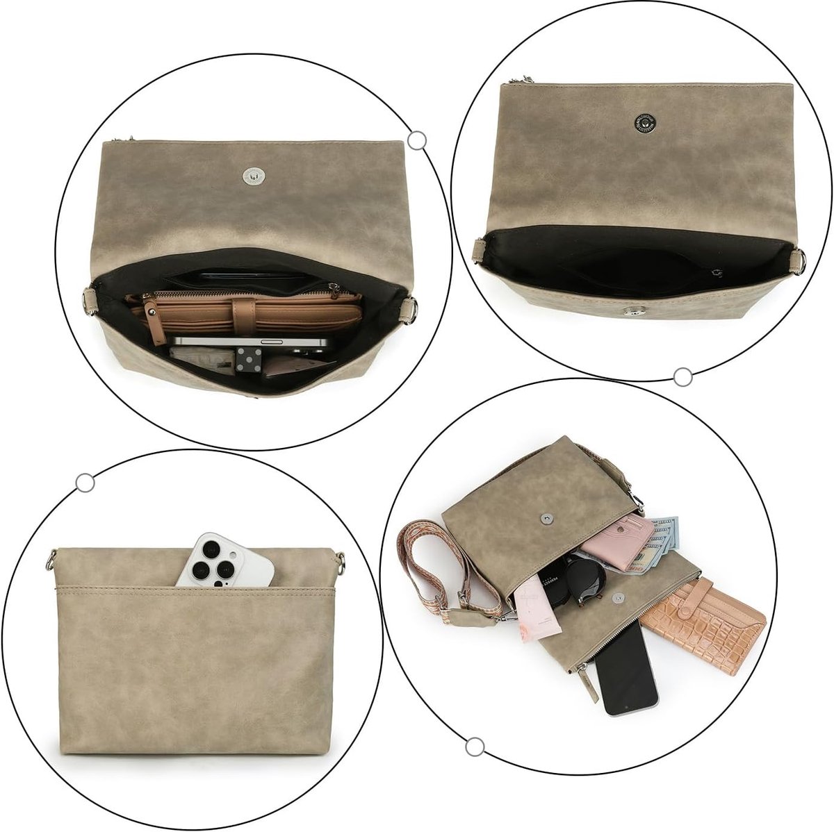 Schoudertas voor dames, damestas met 3 compartimenten, opvouwbaar met meerdere vakken, clutch met rits, crossbodytas, leren handtas