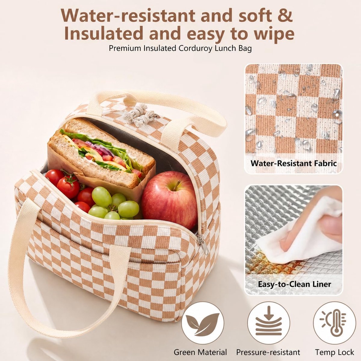 Corduroy lunchtas - schattige handtas voor lunch - herbruikbare geïsoleerde lunchtrommel - grote capaciteit herbruikbare koel-/warmhoudbox - geschikt voor werk/picknick/reizen (corduroy ruit bruin) — cadeau in Cadeau-ideeën - foto 2