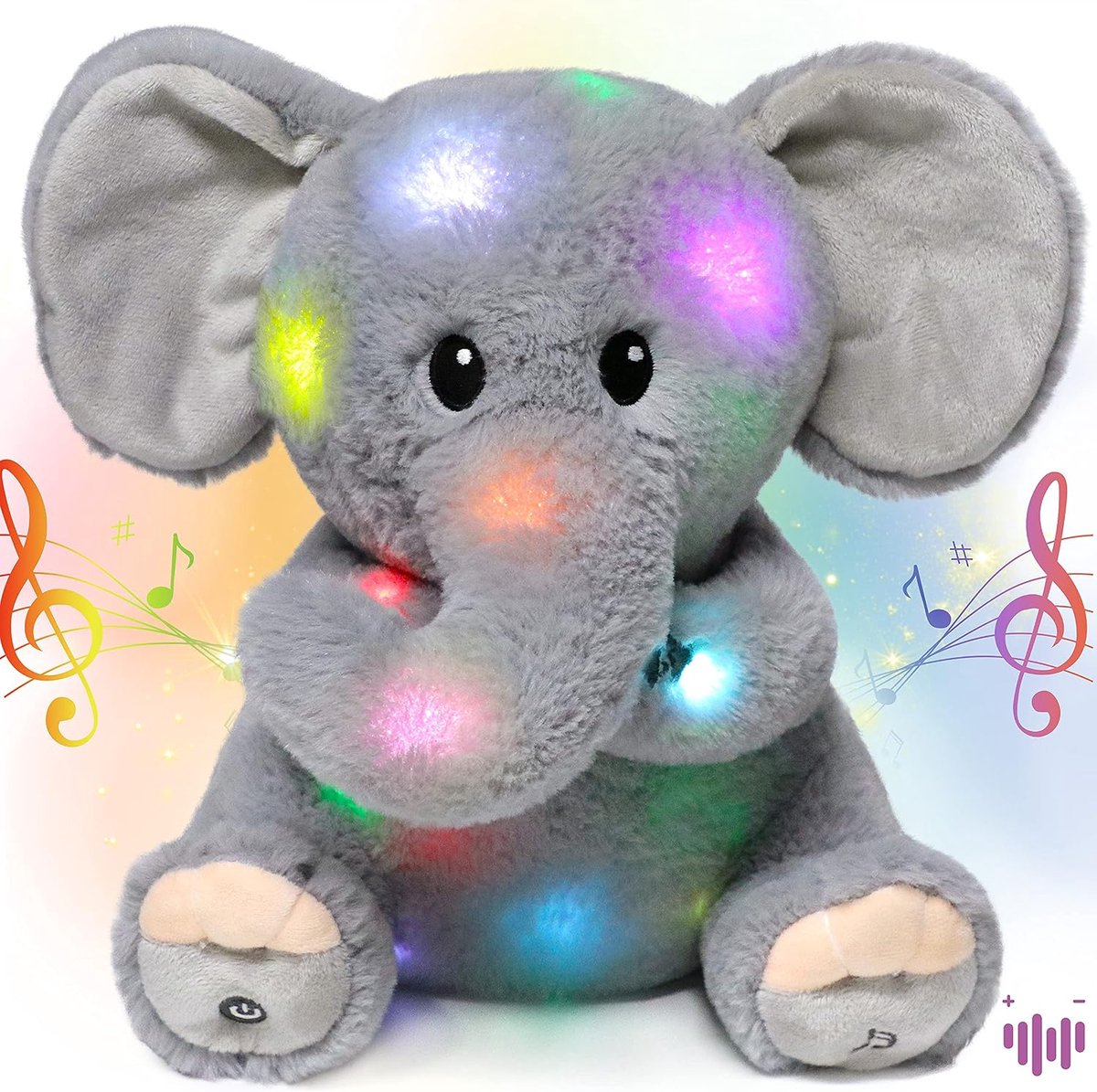 LED Muzikale Knuffelolifant Die Oplicht En Zingt, Pluche Speelgoed Met Instelbaar Volume, Slaapliedje, Geanimeerd, Kalmerend, Verjaardagsfeestje Voor Kinderen, Peutermeisjes, Grijs, 28 cm