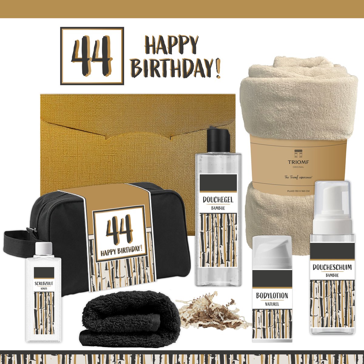 Geschenkset “44 Happy Birthday!” - 7 producten - 1390 gram | Giftset voor hem Vader Papa Vierenveertig jaar Cadeau Luxe Wellness Pakket Man Speciaal Cadeaupakket Doos Handdoeken Fleecedeken Geschenk Cadeaudoos Verjaardag Vriend Gift Douche Beige Goud