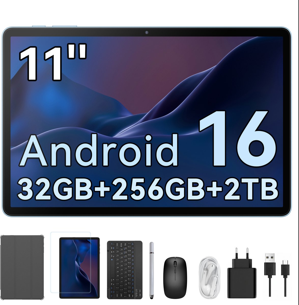 KINGRID T70 Tablet - 8000mAh - 11 inch- 32GB RAM - 256GB ROM - Android 16 - Met toetsenbord - Hoesje - Muis - Pen - Grijs