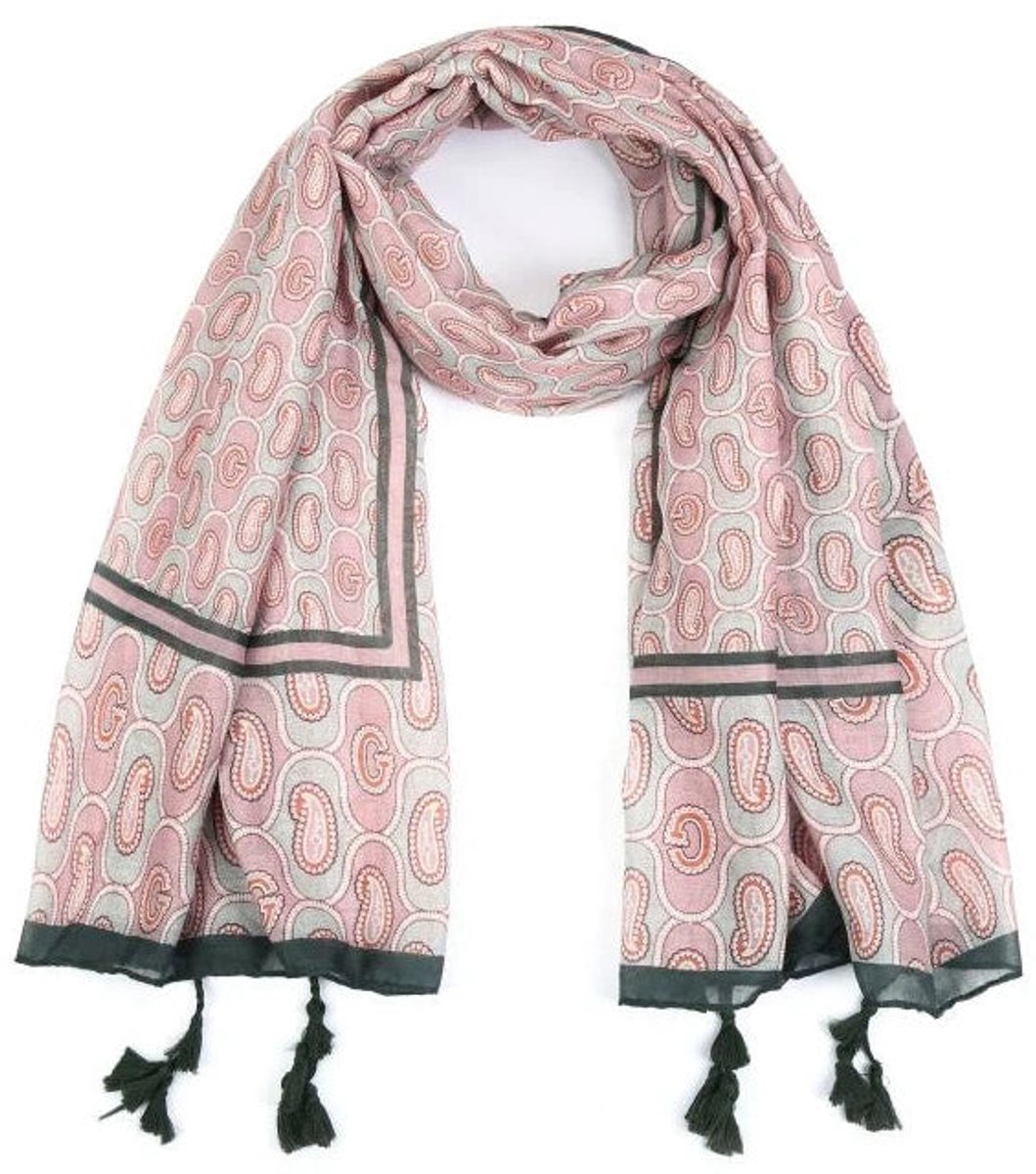 Sunset Fashion Sjaal Tasseltjes khaki roze 180x90cm