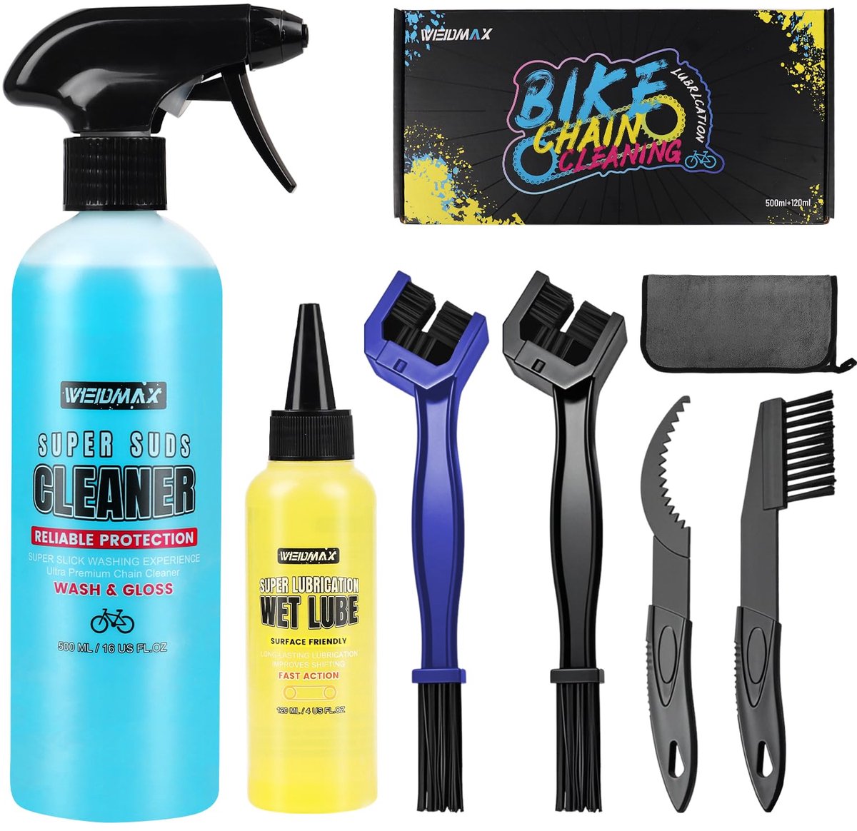 SnelShoppen - Fietsenreiniger Set 500ml Reinigingsspray, 120ml Kettingsmeermiddel, 4 Borstels en 1 Handdoek voor MTB en Racefiets Onderhoud