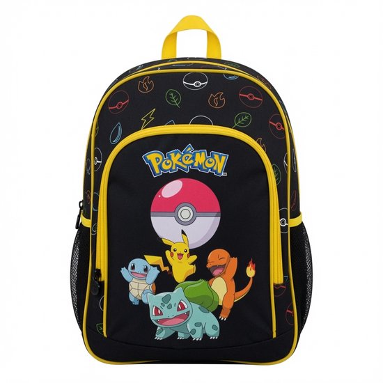 Zwarte rugzak met gele biezen, een 'Pokémon'-logo, een Poké Ball en de Pokémon Pikachu, Charmander, Squirtle en Bulbasaur.