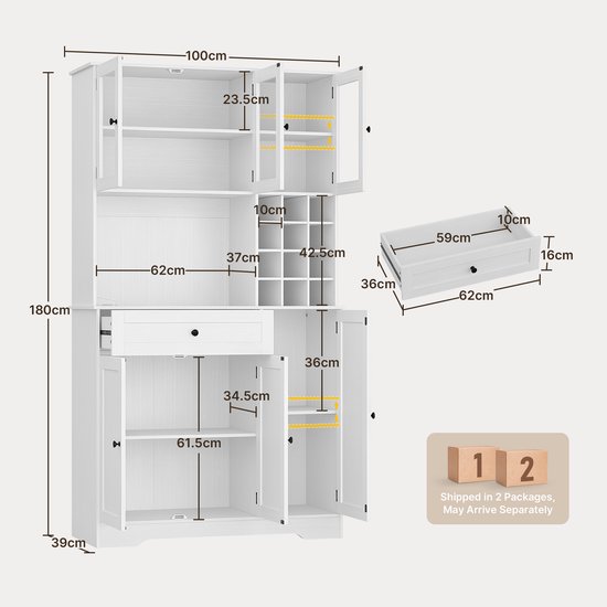 Afmetingen van witte keukenkast: 100x40x180cm. Inclusief informatie over verpakking.
