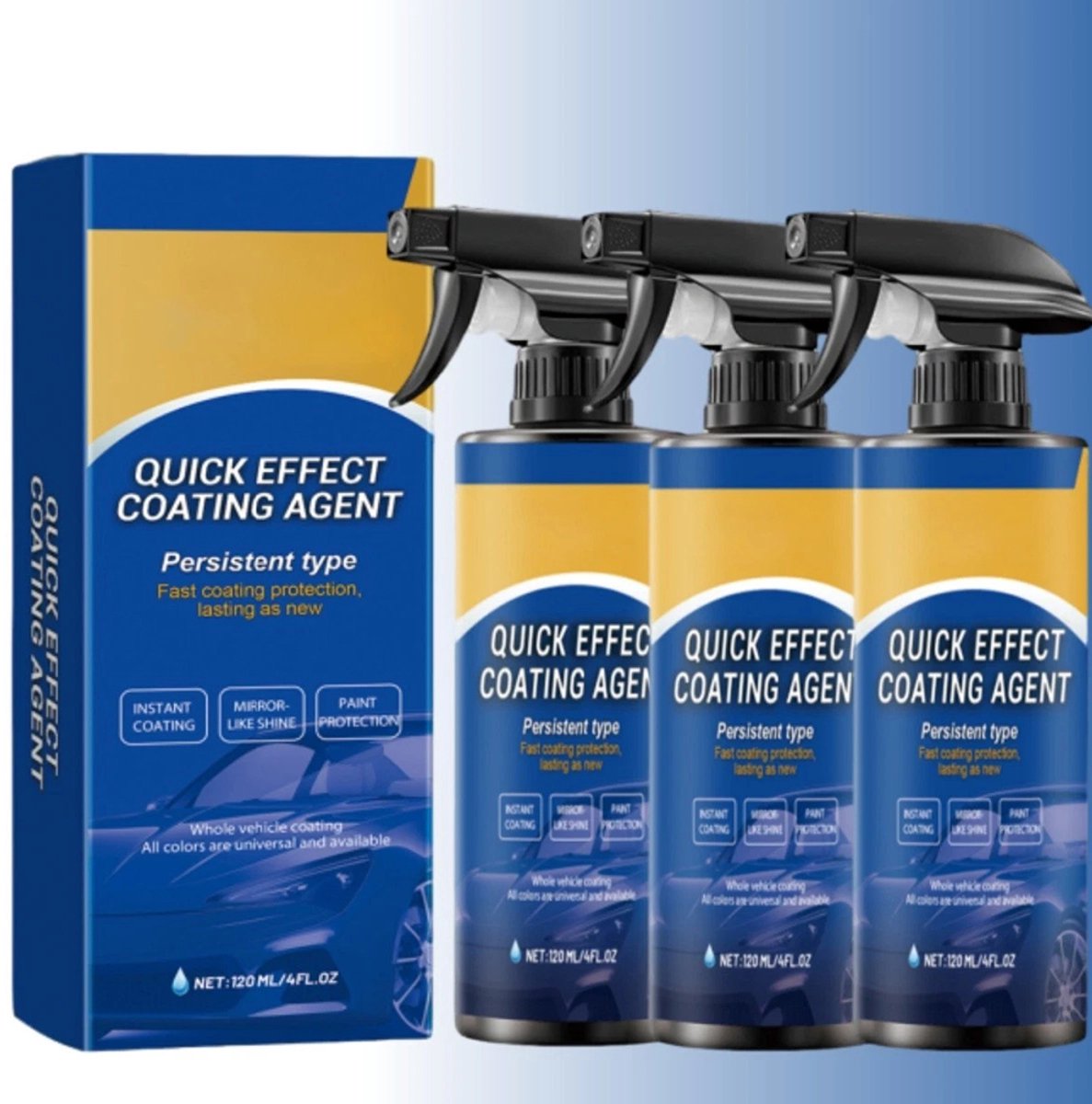 3-in-1 Autolakspray - 3-pack - 120 ml - Autolakspray - Krasverwijderaar - Autopolijstmiddel - Multifunctionele snelwerkende coating - Keramische lakbescherming - Waterdicht en vlekwerend - Lakbescherming - Autoverzorging