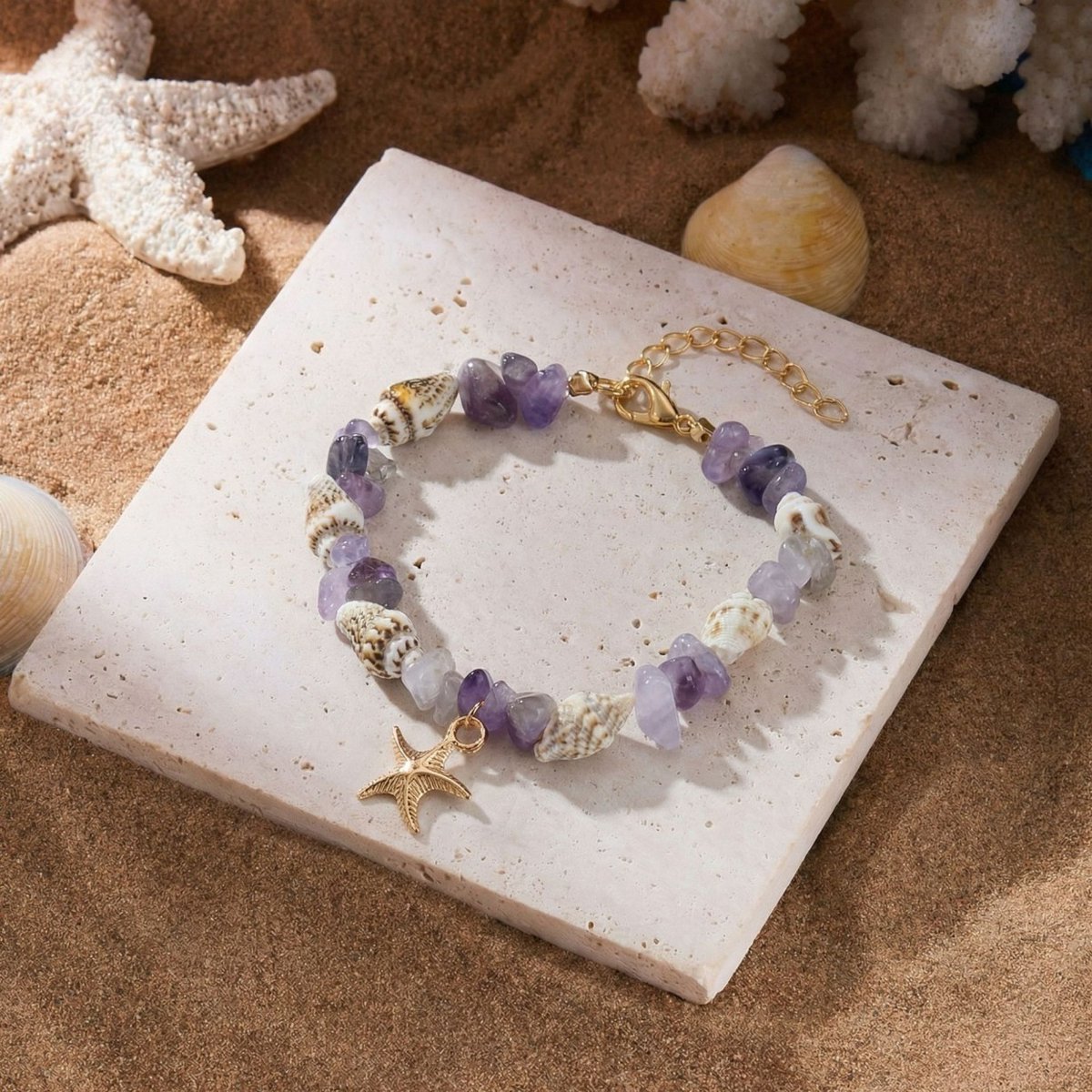 Damesarmband – 18+5 cm– Ketting met zeester en schelp (imitatie) – Armband van trommelsteentjes in strandstijl – Kralenketting met oceaanthema – Kralensieraden voor dames – Kralenketting voor feestjes met strandvibe – Geschikt voor dagelijks gebruik