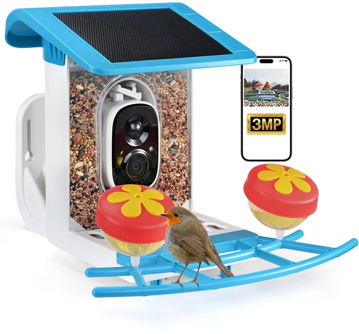 Bird Villa Slim Vogelvoederhuisje met Camera – 2K Wifi Vogelhuisje op Zonne-energie, AI Vogelherkenning, Nachtzicht, Tweerichtingsaudio, 1,2 L Voederbak, 4400 mAh Accu