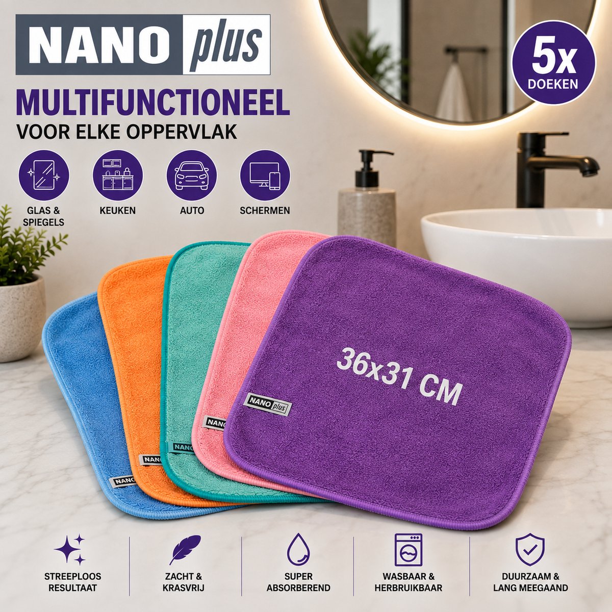 5x Nanoplus/Vaatdoek/Nanovezel Schoonmaakdoek/36x31/Blauw/Oranje/Mint/Roze/Paars
