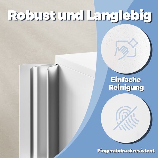 Witte opbergkast met gladde, water- en vingerafdrukbestendige oppervlakken. Tekst: Robuust en duurzaam. Eenvoudige reiniging. Vingerafdrukresistent.