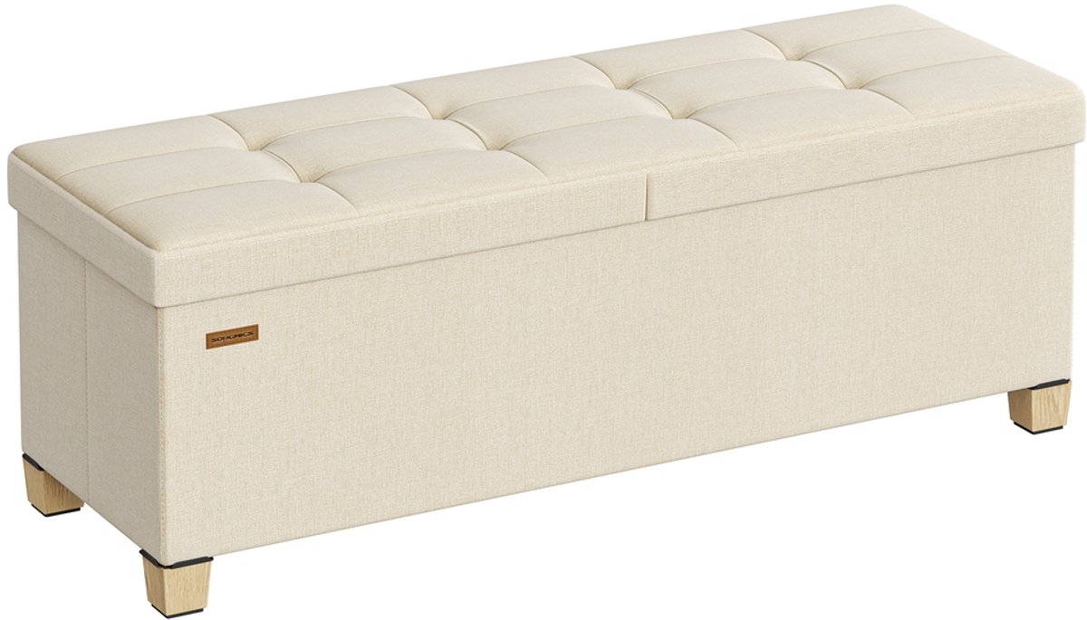 Opbergbank – lichtbeige linnenlook – 110 cm – opklapbaar – Lichtbeige