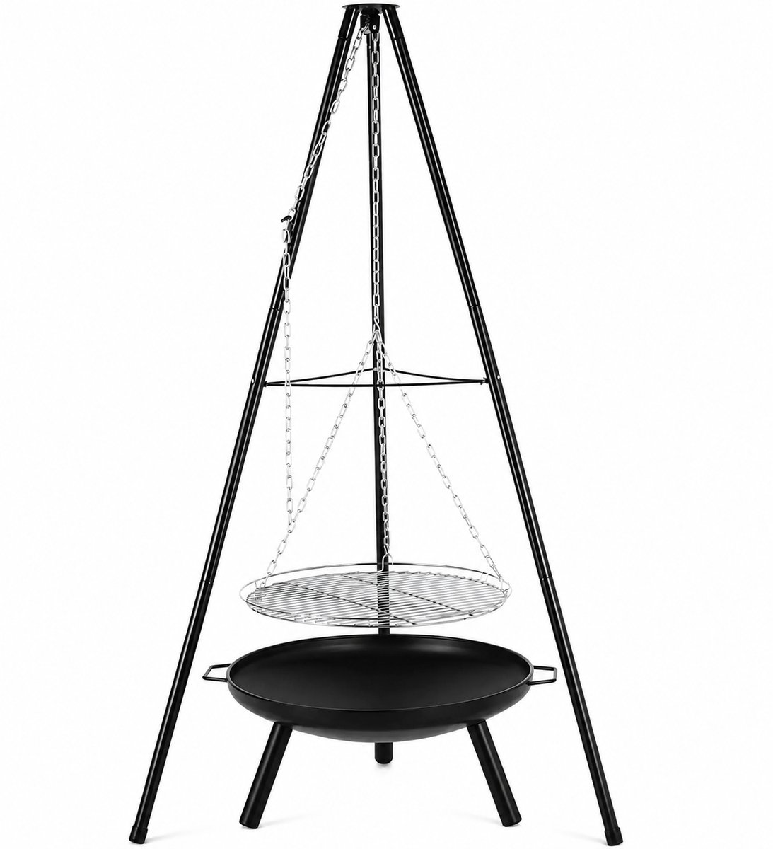 AALVERO - Driepoot Grill - Vuurhaard - Barbecue - Verstelbaar - Voor op reis - Hangende pot - 152 x 86 cm - Metaal - Zwart