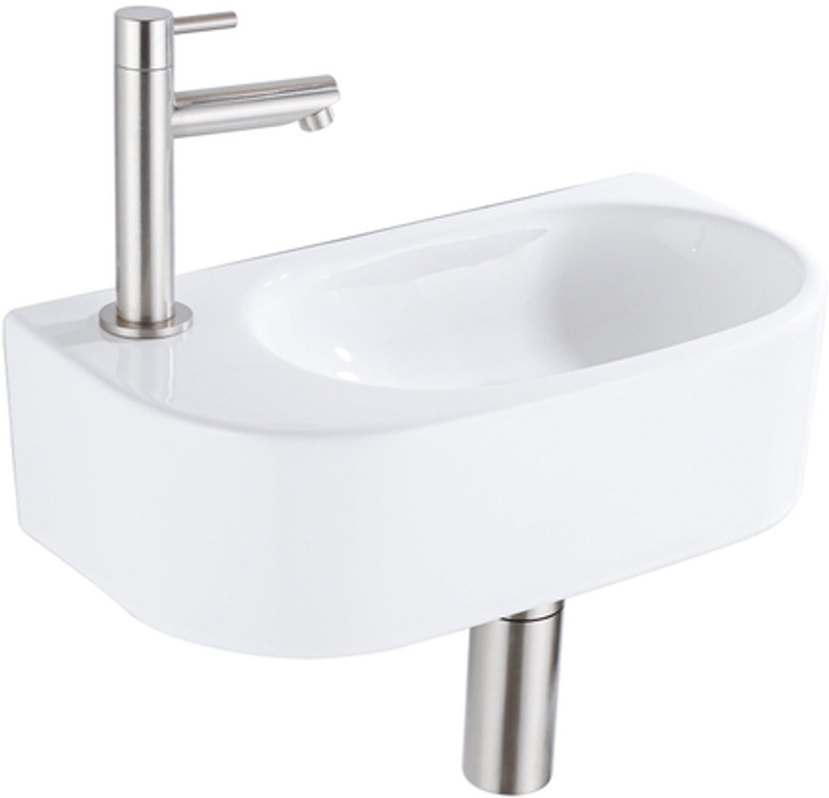 QeramiQ Fuente Fonteinset - 40x21.5x12cm - links - glad - halfrond - 1 kraangat - keramiek - fonteinkraan geborsteld rvs - afvoerplug - verlaagd sifon - wit glans