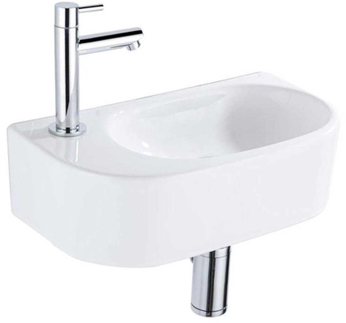 Fugaflow Efficiente Pietra Fonteinset - 40x21.5x12cm - links - glad - halfrond - 1 kraangat - keramiek - fonteinkraan chroom - afvoerplug - verlaagd sifon - wit glans