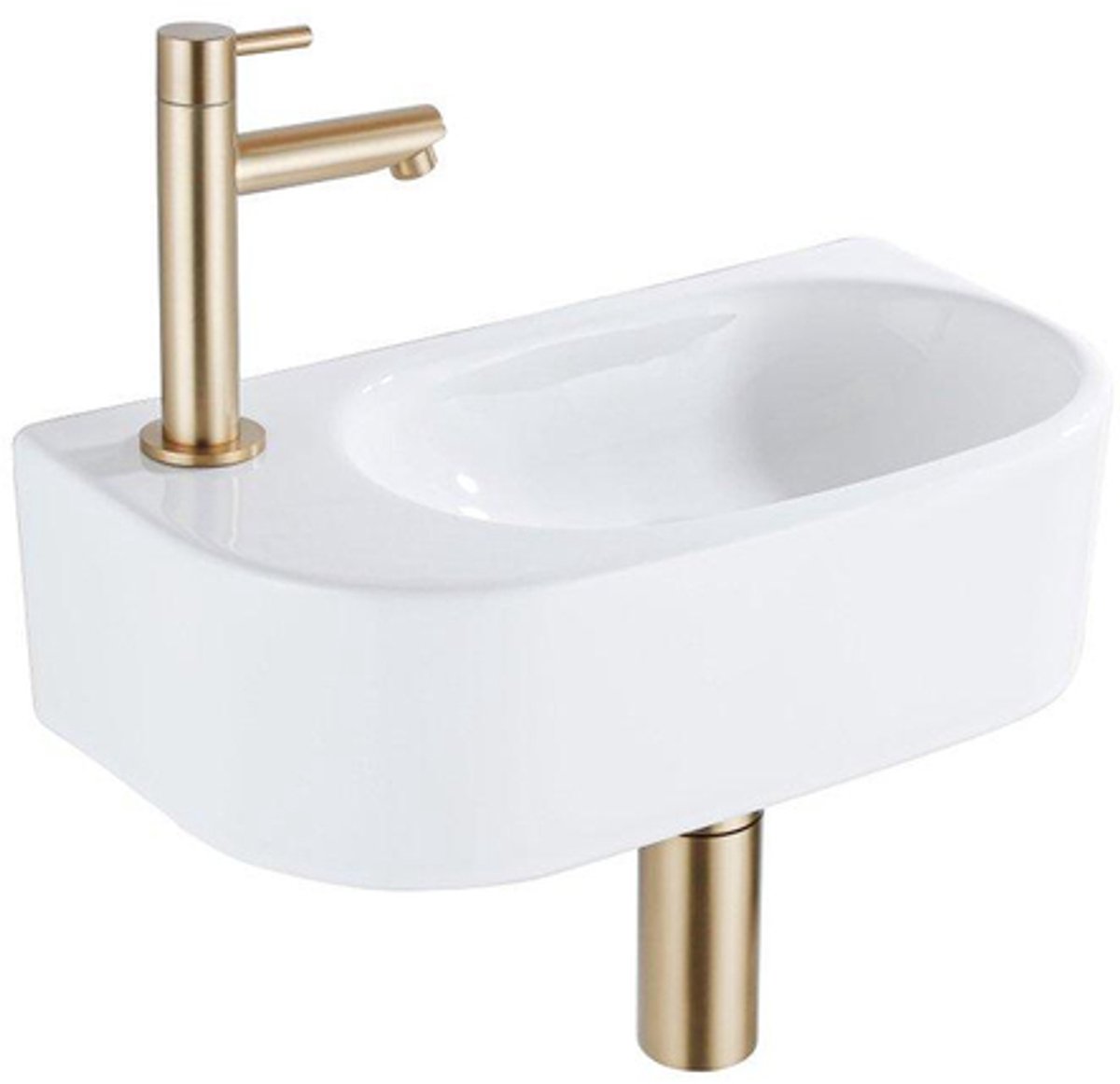 Fugaflow Efficiente Pietra Fonteinset - 40x21.5x12cm - links - glad - halfrond - 1 kraangat - keramiek - fonteinkraan geborsteld messing - afvoerplug - verlaagd sifon - wit glans