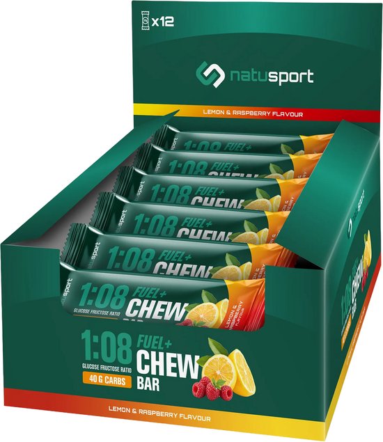 Natusport FUEL+ Chew Bar – Energiereep met 40 g Koolhydraten - 1:0,8 Glucose-Fructose - Lemon Raspberry - 12 stuks — afbeelding 4