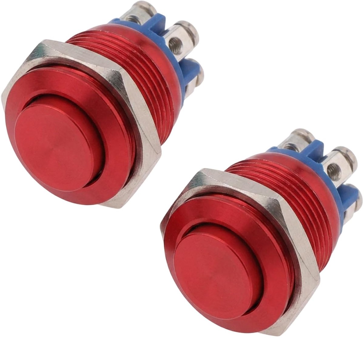 2 stuks 16 mm drukschakelaar, metaal, rood, drukknop 12 V voor doe-het-zelfprojecten | Ronde drukknop, 16 mm inbouwdiameter, rode knop, robuuste metalen behuizing. Ideaal als belknop of bediening.