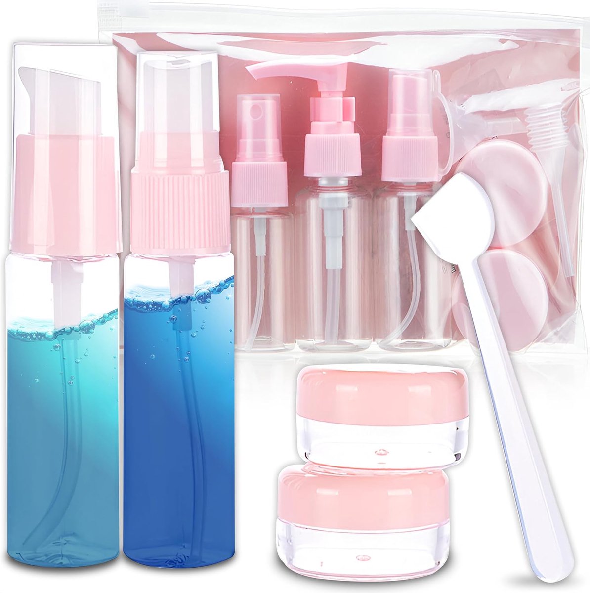 Reisflessenset 9-delig, 6 containers, trechter, pipet, lepel, roze | 2 x 60 ml, spuit- en pompfles elk 50 ml, 2 crèmepotjes elk 10 ml, navulbaar, voor handbagage, transparant/roze