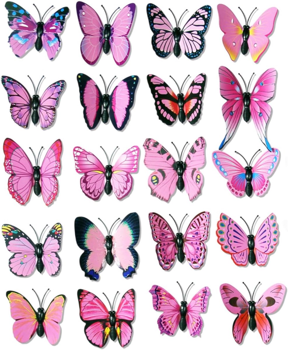 20 stuks vlinderdecoratie met veiligheidsspelden, vlinderbroche vlinder, pvc-vlinders om op te steken, vlinderbroche voor kleding, rugzak, gordijndecoratie (roze)