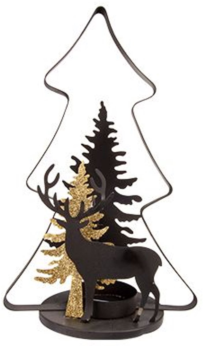 Theelichthouder Xmas Tree Goldy Zwart 14 ,5x10xh25cm Langwerpig Metaal