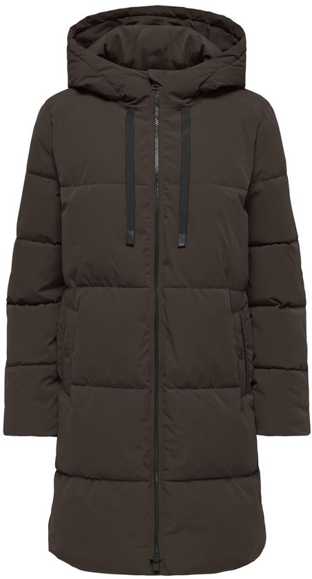 Bruine lange pufferjas met capuchon en ritssluiting.
