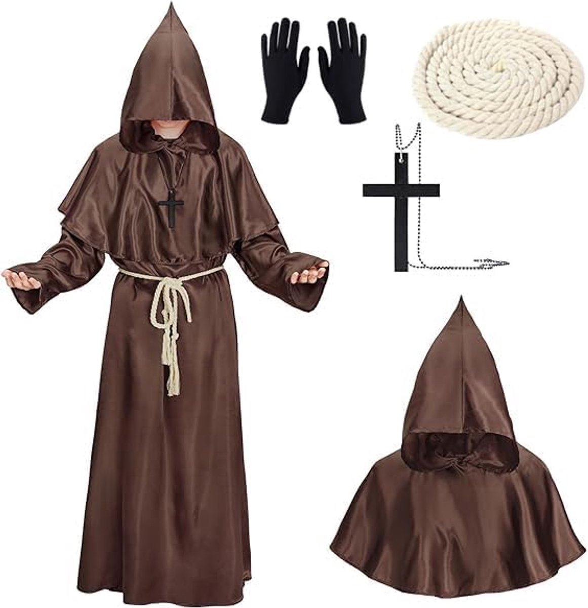 middeleeuwse renaissance, met capuchon, monnikenkostuum, met kruis-halsketting, handschoenen en koord, Halloween, carnaval en rollenspel kostuums