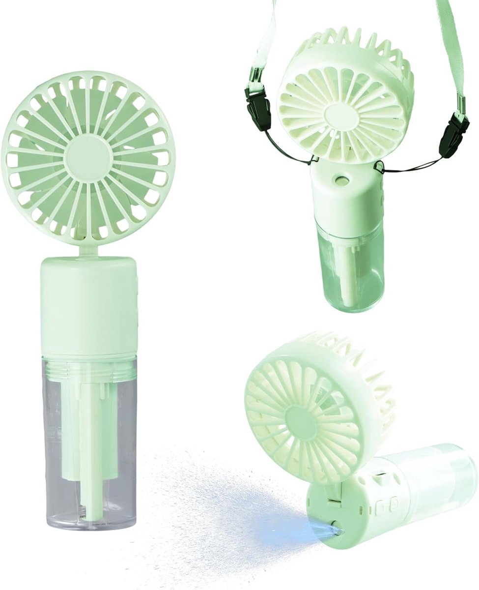 3-in-1 handventilator, mini-ventilator, stil, oplaadbaar, 1000 mAh, met water en draagband, 180° opvouwbare zakventilator, 4 snelheden, voor thuis en op kantoor, duurduur 6-8 uur (groen)
