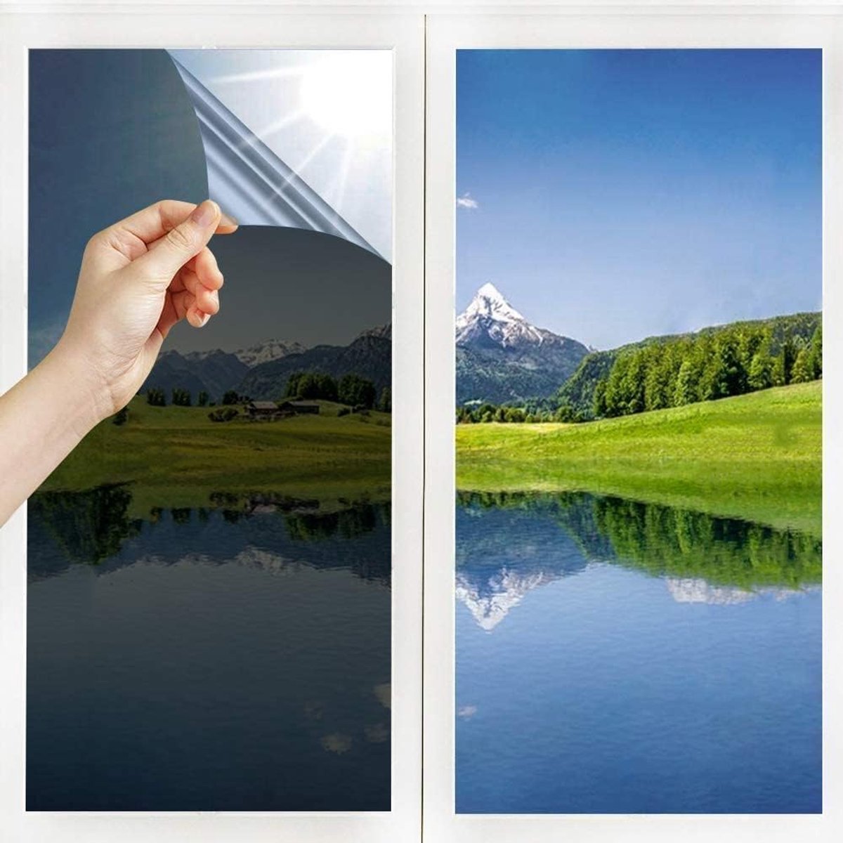 Spiegelfolie voor ramen, zonder tin, hittebescherming, temperatuurcontrole, bescherming van de privacy, reflecterend, voor ramen, huis, kantoor, bedrijf (90 x 300 cm, zwart/zilver)