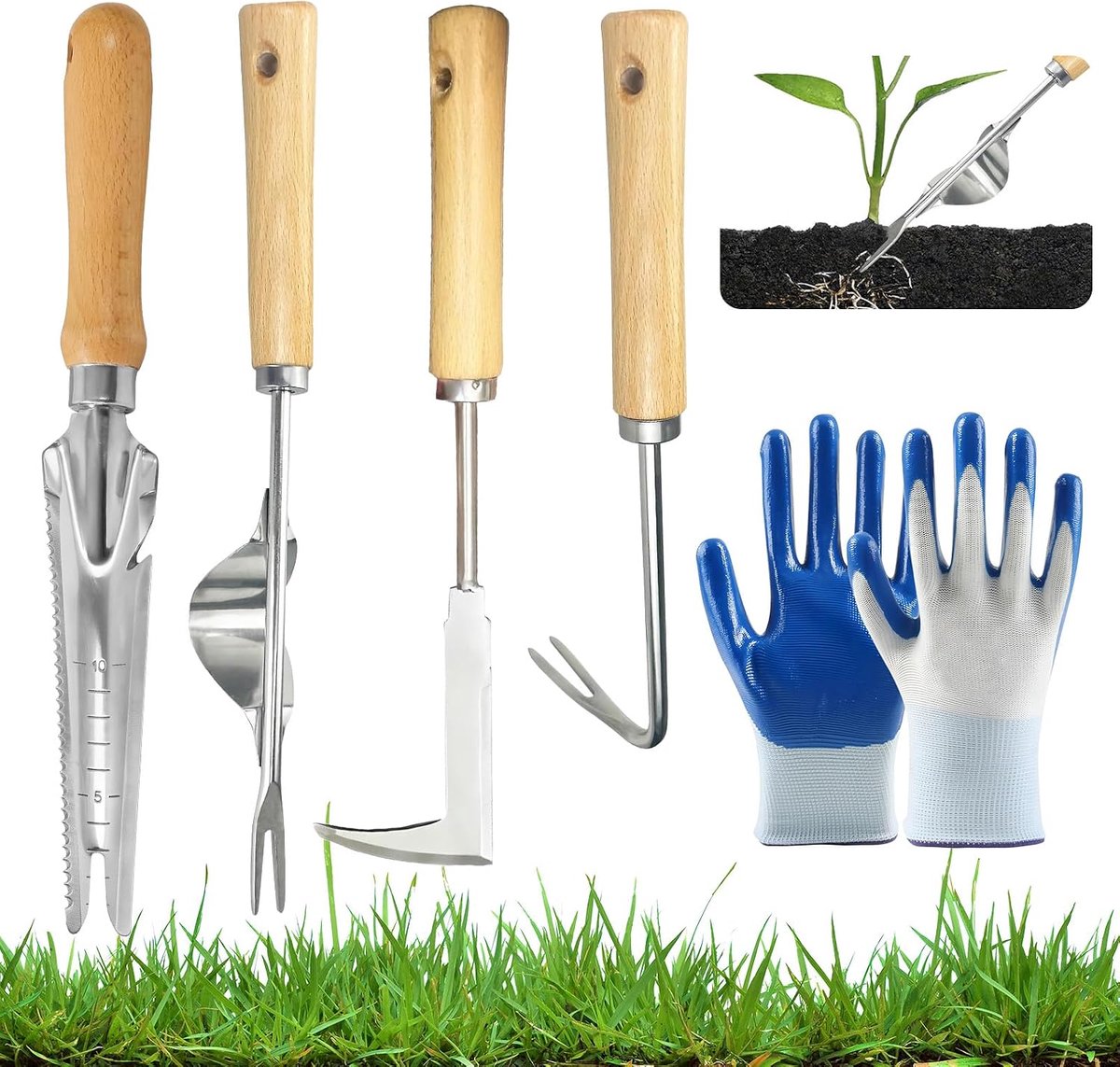 5-stuk stel bevat 4 stukke professionele tuinvurke vlekvrye staal houthandvatsel 1 nylon handskoene vir onkruid en oorplanting van tuine