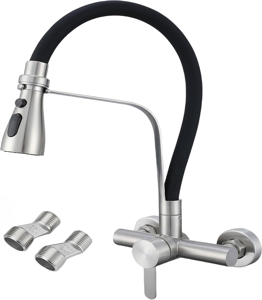 Grade 304 roestvrij staal wandgemonteerde kraan keuken muur 360 ° draaibare eengreepsmengkraan, 3 waterafvoermodi (13,5 cm-16,5 cm)
