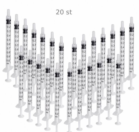 20 seringues de 1 ml avec capuchons, graduées en ml.