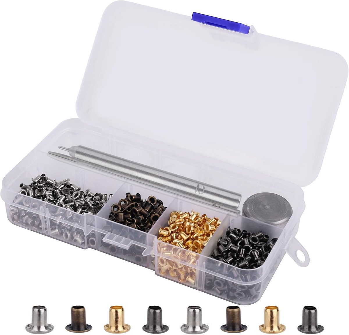 2mm Metaal Oogje Kit 800st met 3st Installeer Gereedschap & Opslag Doos, Mini Koper Oogjes voor Schoenen Tassen Kleding Leer Ambacht DIY Reparatie en Decoratie Projecten