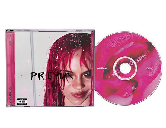 CD-hoes met een vrouw met roze haar en glitter, met 'PRIMA' en 'ADÉLA' erop. De CD toont roze lippen en nagels.