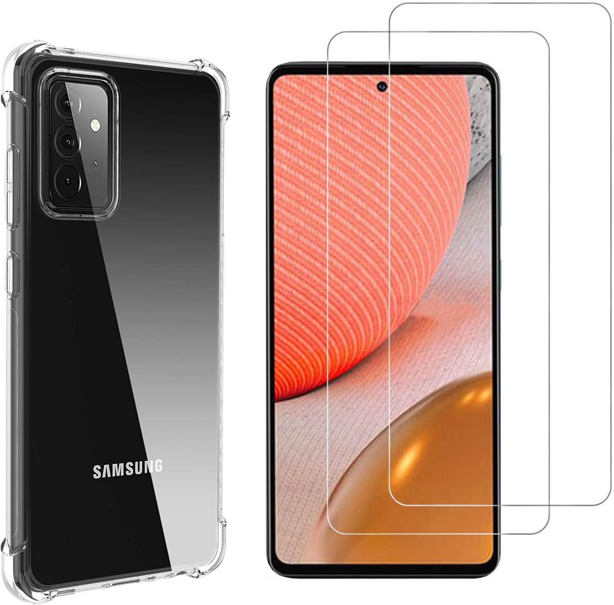 Hoesje geschikt voor Samsung Galaxy A72 backcover Shockproof siliconen Transparant en 2 stuks Screenprotector Gehard Glas