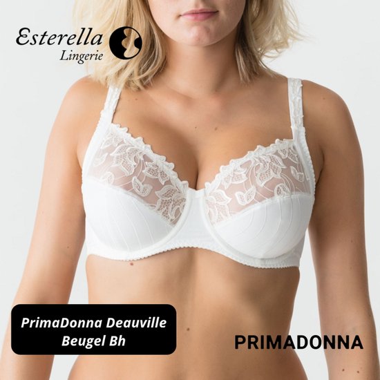 Dames beugel BH 'PrimaDonna Deauville Beugel Bh', wit, met kanten details en strepen.
