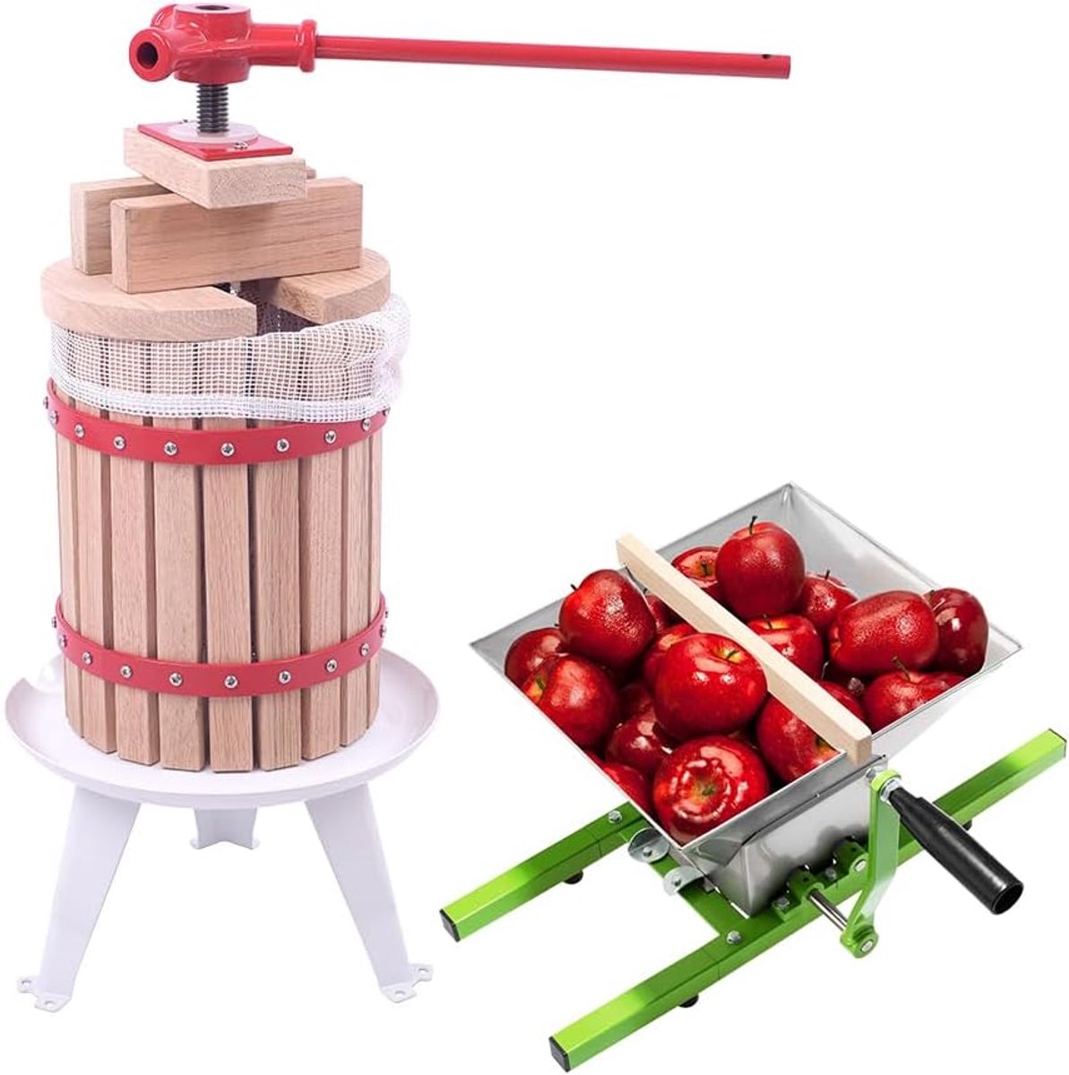 Fruitpers 6L Hout + Fruitmolen 7L RVS - Complete Handmatige Vruchtenpers & Appelmolen Set - Inclusief Persdoek, Drukplaat en Metalen Spindel - Geschikt voor Wijn, Cider, Appels en Bessen - NAIZY