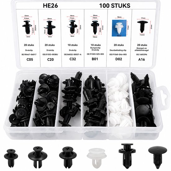 Een opbergdoos met 100 stuks auto bevestigingsclips, verdeeld in 6 compartimenten, met afbeeldingen van de clips.