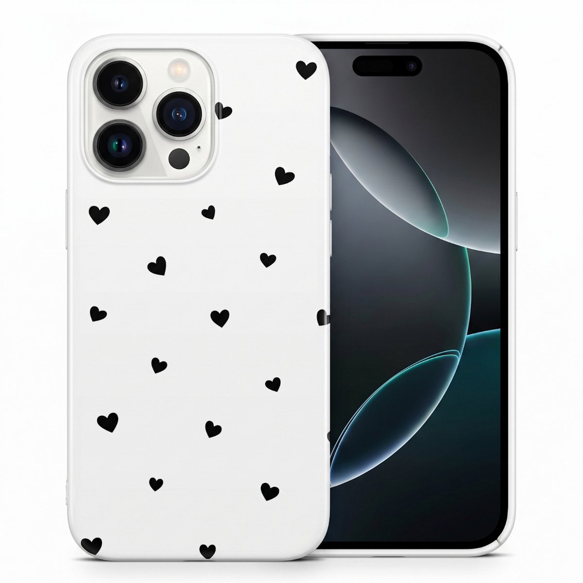 Hoesje geschikt voor iPhone 16 Pro – Mini Hartjes – Exclusief Design – Polycarbonaat – Wit en Zwart