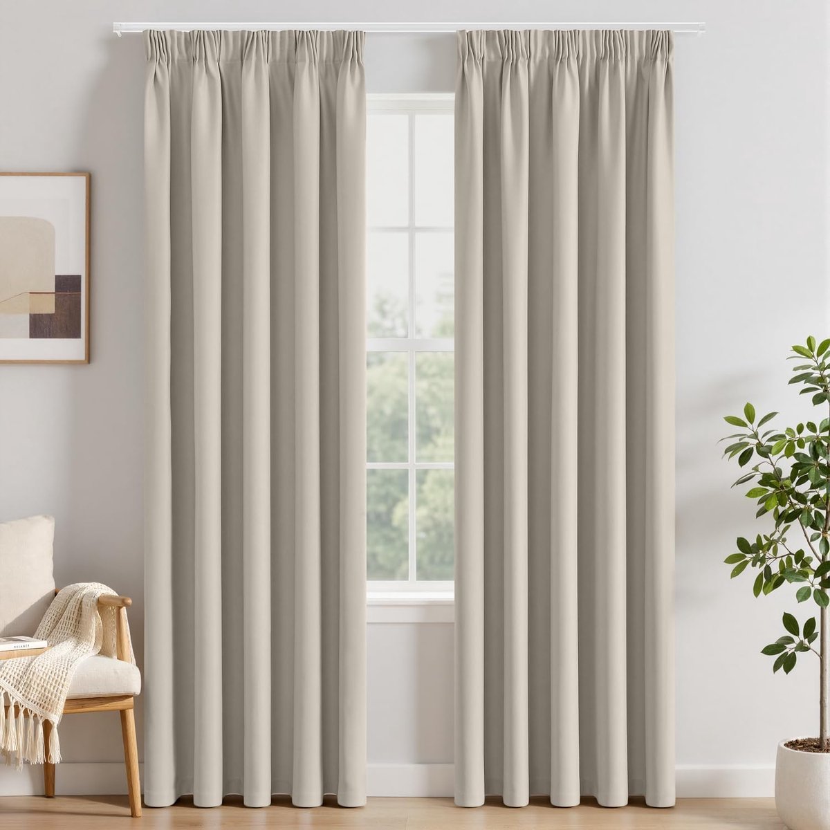 Verduisteringsgordijnen met plooiband, grijs-beige, ondoorzichtige gordijnen, 225 cm lang, thermogordijn, set van 2, verduistering voor rail, gordijnen voor woonkamer, slaapkamer, elk 225 x 140